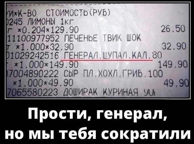 ЛИМОНЫ 1КГ ПЕЧЕНЬЕ ТВИК ШОК ГЕНЕРАЛ.ШУПАЛ.КАЛ.80 СЫР ПЛ.ХОХЛ.ГРИБ.100 ДОШИРАК КУРИНАЯ УЛ. Прости, генерал, но мы тебя сократили.