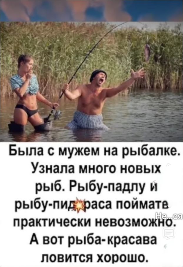Была с мужем на рыбалке. Узнала много новых рыб. Рыбу-падлу и рыбу-пидораса поймать практически невозможно. А вот рыба-красава ловится хорошо.