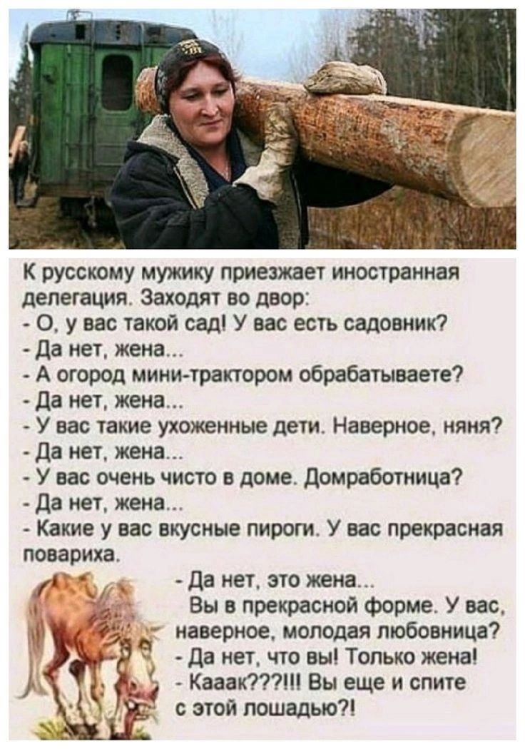 К русскому мужику приезжает иностранная делегация. Заходят во двор: - О, у вас такой сад! У вас есть садовник? - Да нет, жена... - А огород мини-трактором обрабатываете? - Да нет, жена... - У вас такие ухоженные дети. Наверное, няня? - Да нет, жена... - У вас очень чисто в доме. Домработница? - Да нет, жена... - Какие у вас вкусные пироги. У вас пр