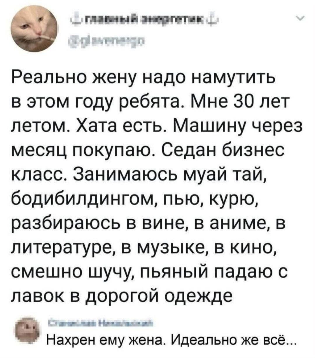 Главный энергетик @glavenergo Реально жену надо намутить в этом году ребята. Мне 30 лет летом. Хата есть. Машину через месяц покупаю. Седан бизнес класс. Занимаюсь муай тай, бодибилдингом, пью, курю, разбираюсь в вине, в аниме, в литературе, в музыке, в кино, смешно шучу, пьяный падаю с лавок в дорогой одежде Нахрен ему жена. Идеально же всё...