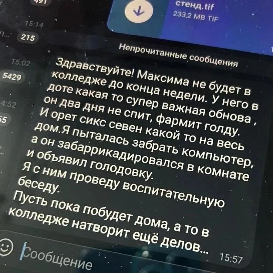 Здравствуйте! Максима не будет в колледже до конца недели. У него в доте какая то супер важная обнова, он два дня не спит, фармит голду. И орет сикс севен какой то на весь дом. Я пыталась забрать компьютер, а он забаррикадировался в комнате и объявил голодовку. Я с ним проведу воспитательную беседу. Пусть пока побудет дома, а то в колледже натворит