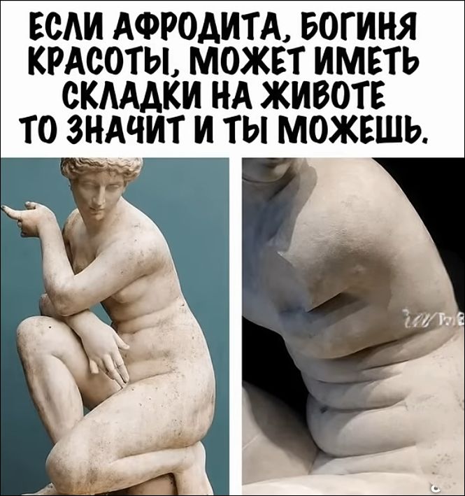 ЕСЛИ АФРОДИТА, БОГИНЯ КРАСОТЫ, МОЖЕТ ИМЕТЬ СКЛАДКИ НА ЖИВОТЕ ТО ЗНАЧИТ И ТЫ МОЖЕШЬ.