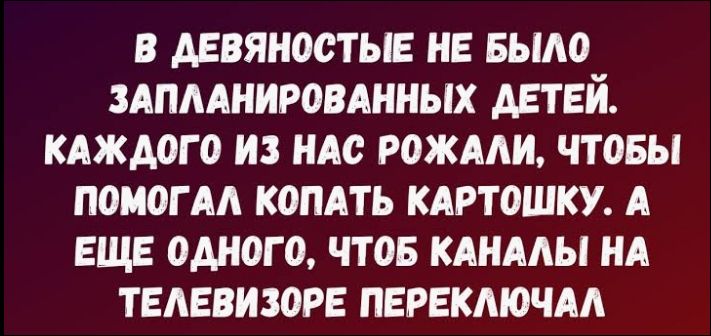 В девяностые не было запланированных детей. Каждого из нас рожали, чтобы помогал копать картошку. А еще одного, чтоб каналы на телевизоре переключал