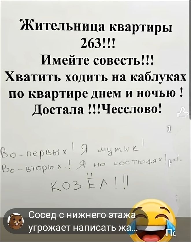 Жительница квартиры 263!!! Имейте совесть!!! Хватить ходить на каблуках по квартире днем и ночью! Достала !!!Чесслово! Во-первых! Я мужик! Во-вторых..! Я на костылях! КОЗЁЛ!!! Сосед с нижнего этажа угрожает написать жа...