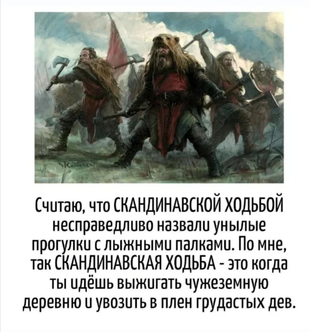 Считаю, что СКАНДИНАВСКОЙ ХОДЬБОЙ несправедливо назвали унылые прогулки с лыжными палками. По мне, так СКАНДИНАВСКАЯ ХОДЬБА - это когда ты идёшь выжигать чужеземную деревню и увозить в плен грудастых дев.