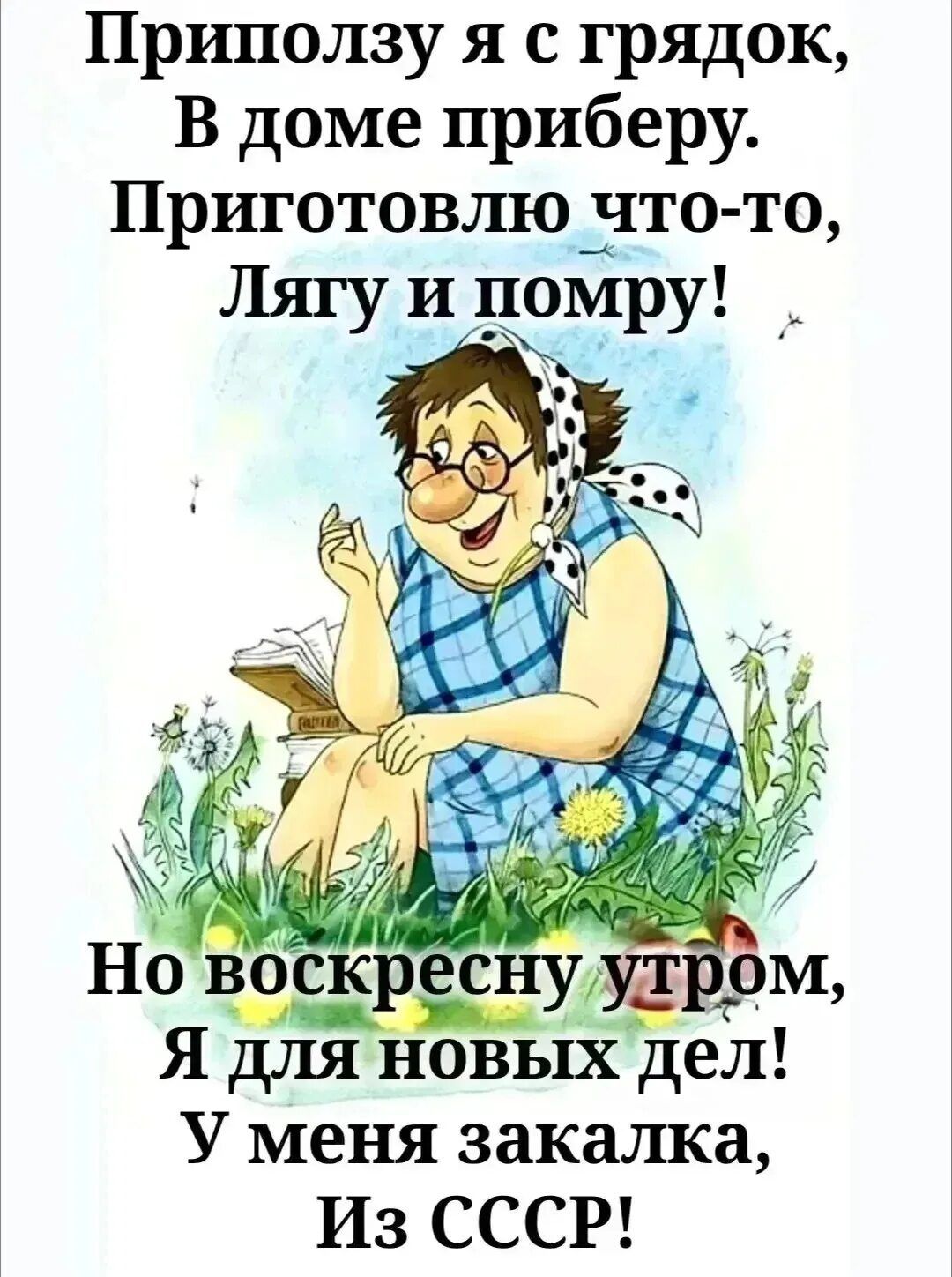 Приползу я с грядок, В доме приберу. Приготовлю что-то, Лягу и помру! Но воскресну утром, Я для новых дел! У меня закалка, Из СССР!