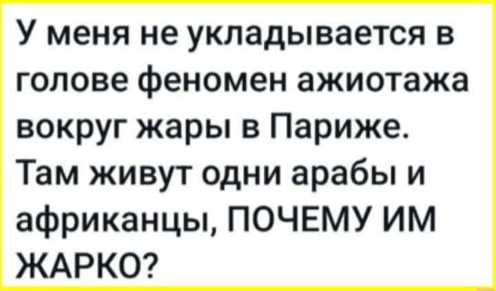 У меня не укладывается в голове феномен ажиотажа вокруг жары в Париже. Там живут одни арабы и африканцы, ПОЧЕМУ ИМ ЖАРКО?