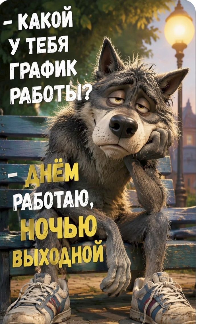 - КАКОЙ У ТЕБЯ ГРАФИК РАБОТЫ?
- ДНЁМ РАБОТАЮ, НОЧЬЮ ВЫХОДНОЙ