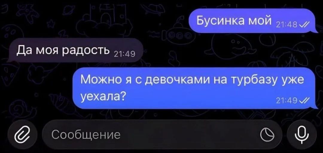 Бусинка мой. Да моя радость. Можно я с девочками на турбазу уже уехала?