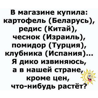 В магазине купила: картофель (Беларусь), редис (Китай), чеснок (Израиль), помидор (Турция), клубника (Испания)... Я дико извиняюсь, а в нашей стране, кроме цен, что-нибудь растёт?