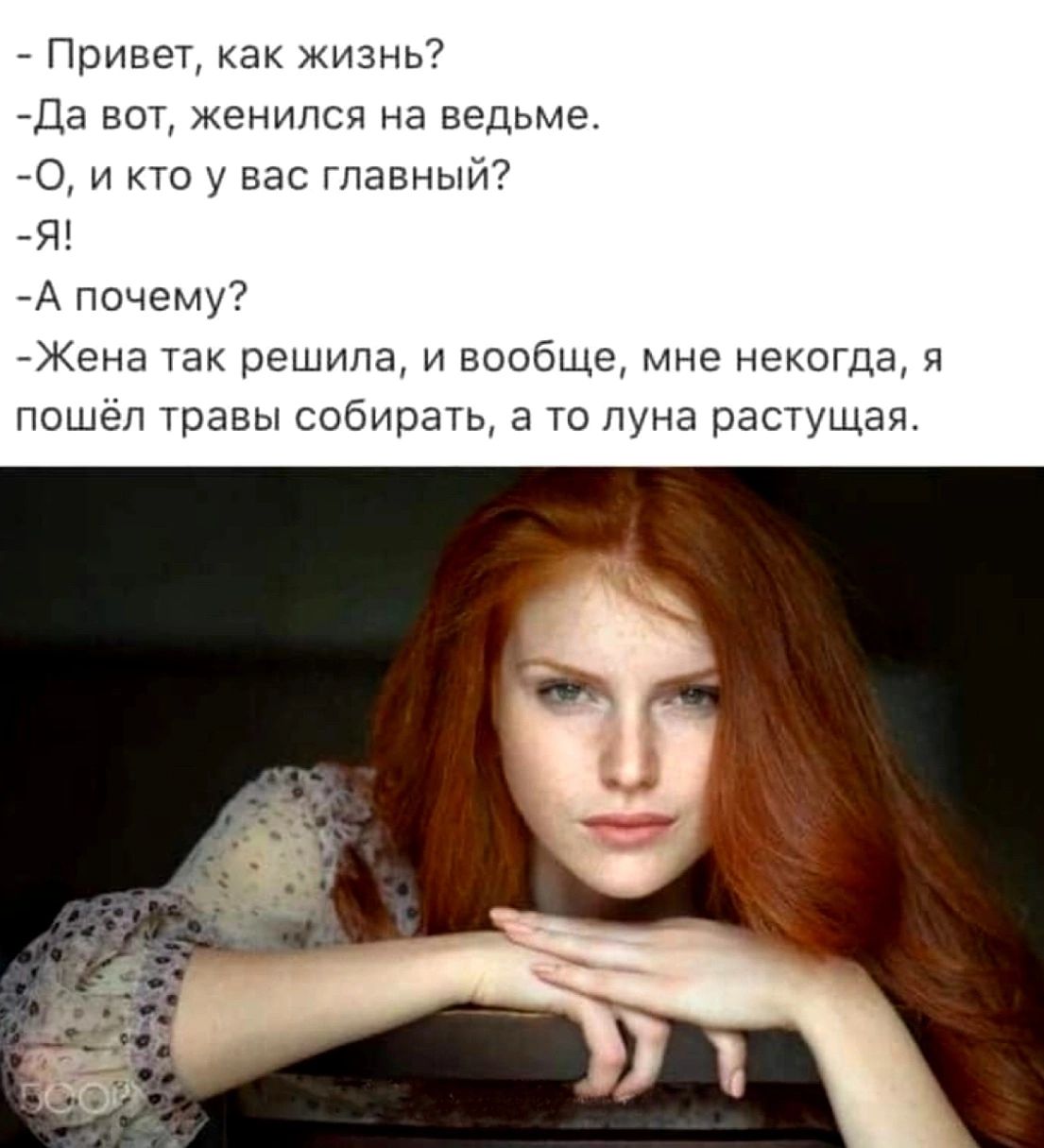 Привет, как жизнь? Да вот, женился на ведьме. О, и кто у вас главный? Я! А почему? Жена так решила, и вообще, мне некогда, я пошёл травы собирать, а то луна растущая.