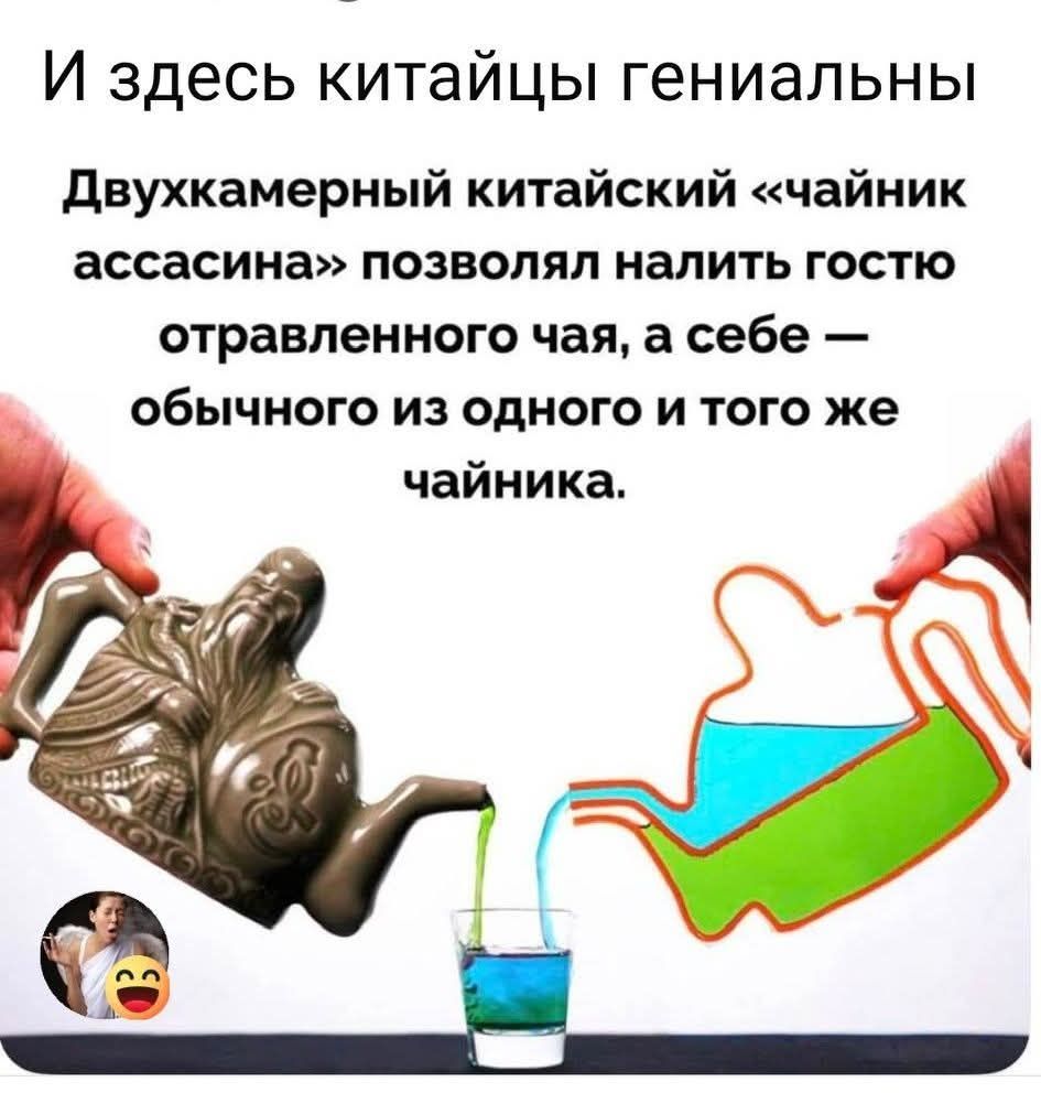 И здесь китайцы гениальны Двухкамерный китайский «чайник ассасина» позволял налить гостю отравленного чая, а себе — обычного из одного и того же чайника.