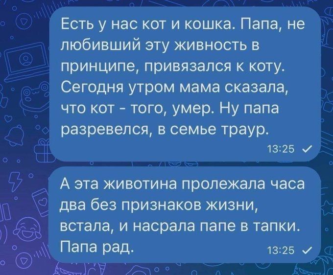 Есть у нас кот и кошка. Папа, не любивший эту живность в принципе, привязался к коту. Сегодня утром мама сказала, что кот - того, умер. Ну папа разревелся, в семье траур. А эта животина пролежала часа два без признаков жизни, встала, и насрала папе в тапки. Папа рад.
