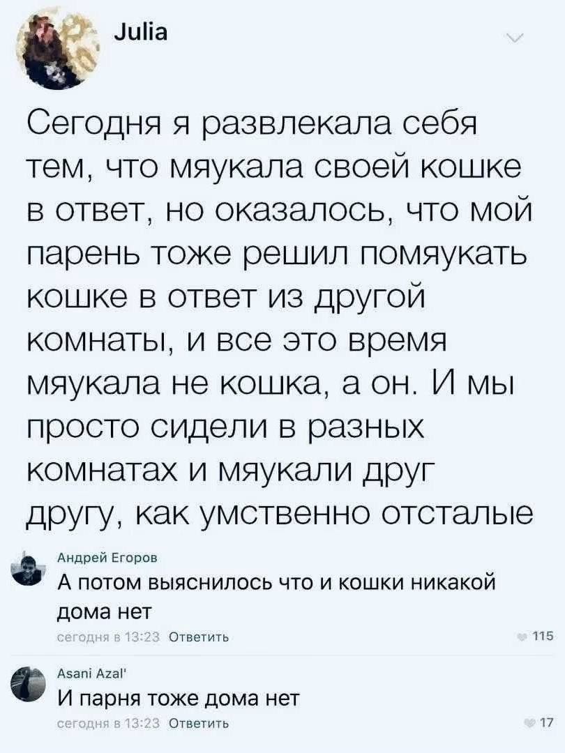 Julia: Сегодня я развлекала себя тем, что мяукала своей кошке в ответ, но оказалось, что мой парень тоже решил помяукать кошке в ответ из другой комнаты, и все это время мяукала не кошка, а он. И мы просто сидели в разных комнатах и мяукали друг другу, как умственно отсталые. Андрей Егоров: А потом выяснилось что и кошки никакой дома нет. Asani Aza