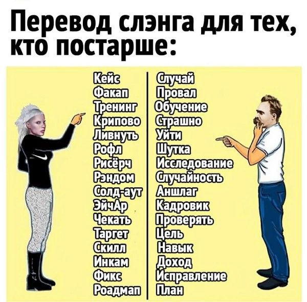Перевод сленга для тех, кто постарше: Кейс Случай Факап Провал Тренинг Обучение Крипово Страшно Ливнуть Уйти Рофл Шутка Рисёрч Исследование Рандом Случайность Солд-аут Аншлаг ЭйчАр Кадровик Чекать Проверять Таргет Цель Скилл Навык Инкам Доход Фикс Исправление Роадмап План