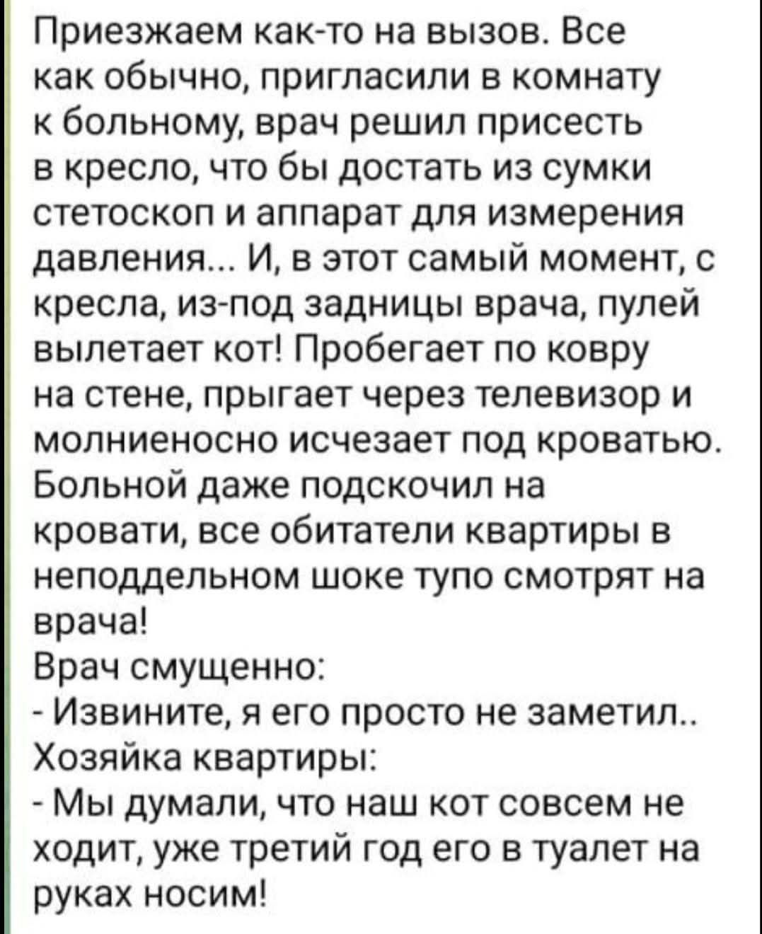 Приезжаем как-то на вызов. Все как обычно, пригласили в комнату к больному, врач решил присесть в кресло, чтобы достать из сумки стетоскоп и аппарат для измерения давления... И, в этот самый момент, с кресла, из-под задницы врача, пулей вылетает кот! Пробегает по ковру на стене, прыгает через телевизор и молниеносно исчезает под кроватью. Больной д
