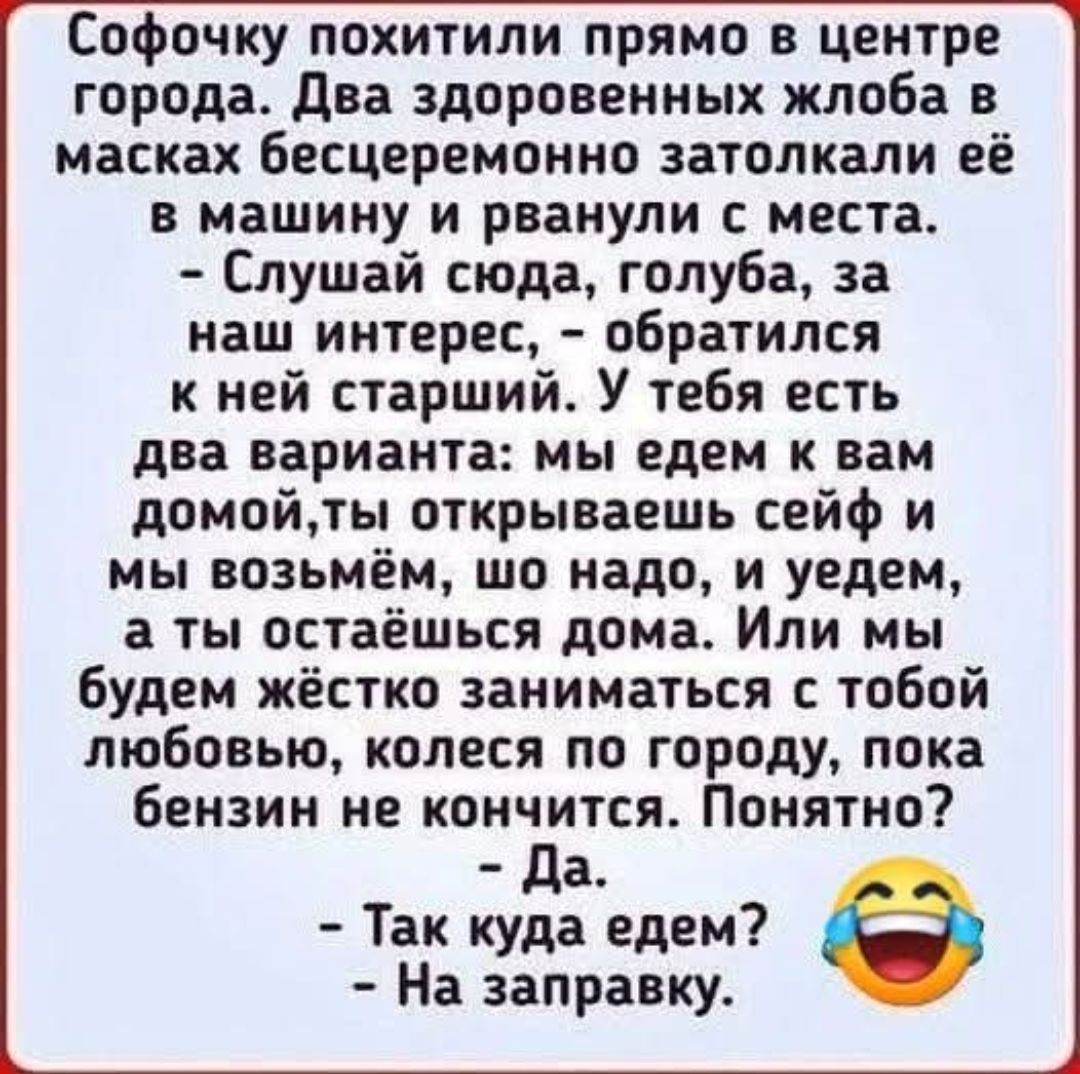 Софочку похитили прямо в центре города. Два здоровенных жлоба в масках бесцеремонно затолкали её в машину и рванули с места. - Слушай сюда, голуба, за наш интерес, - обратился к ней старший. У тебя есть два варианта: мы едем к вам домой, ты открываешь сейф и мы возьмём, шо надо, и уедем, а ты остаёшься дома. Или мы будем жёстко заниматься с тобой л