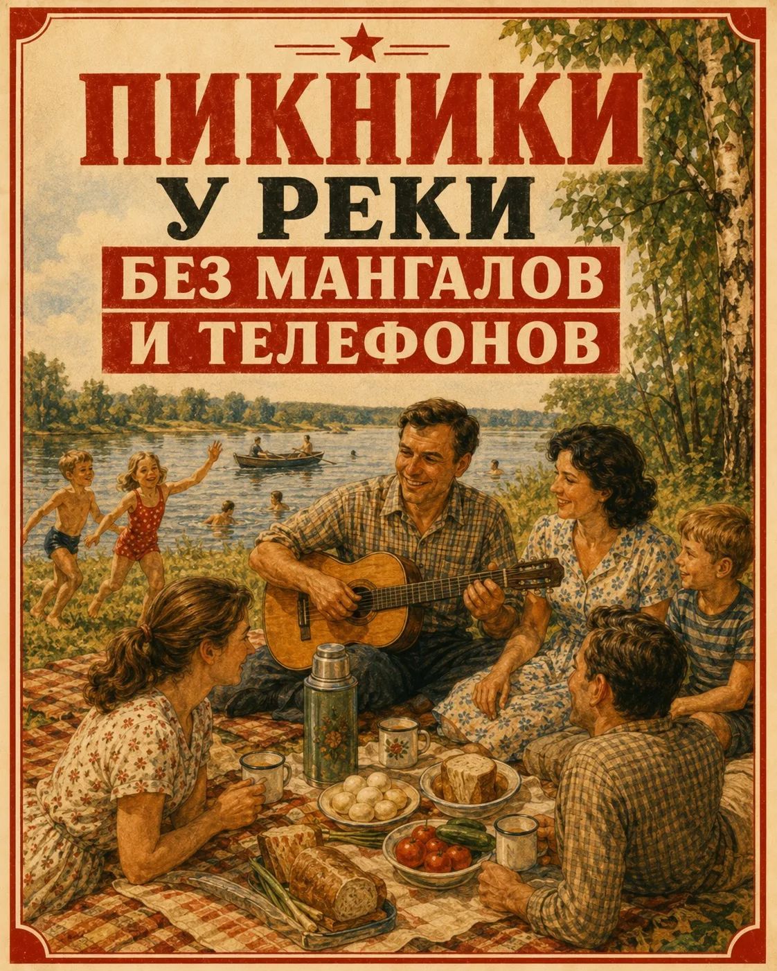 ПИКНИКИ У РЕКИ БЕЗ МАНГАЛОВ И ТЕЛЕФОНОВ. Изображение семьи, отдыхающей на пикнике у реки, отец играет на гитаре, дети купаются.