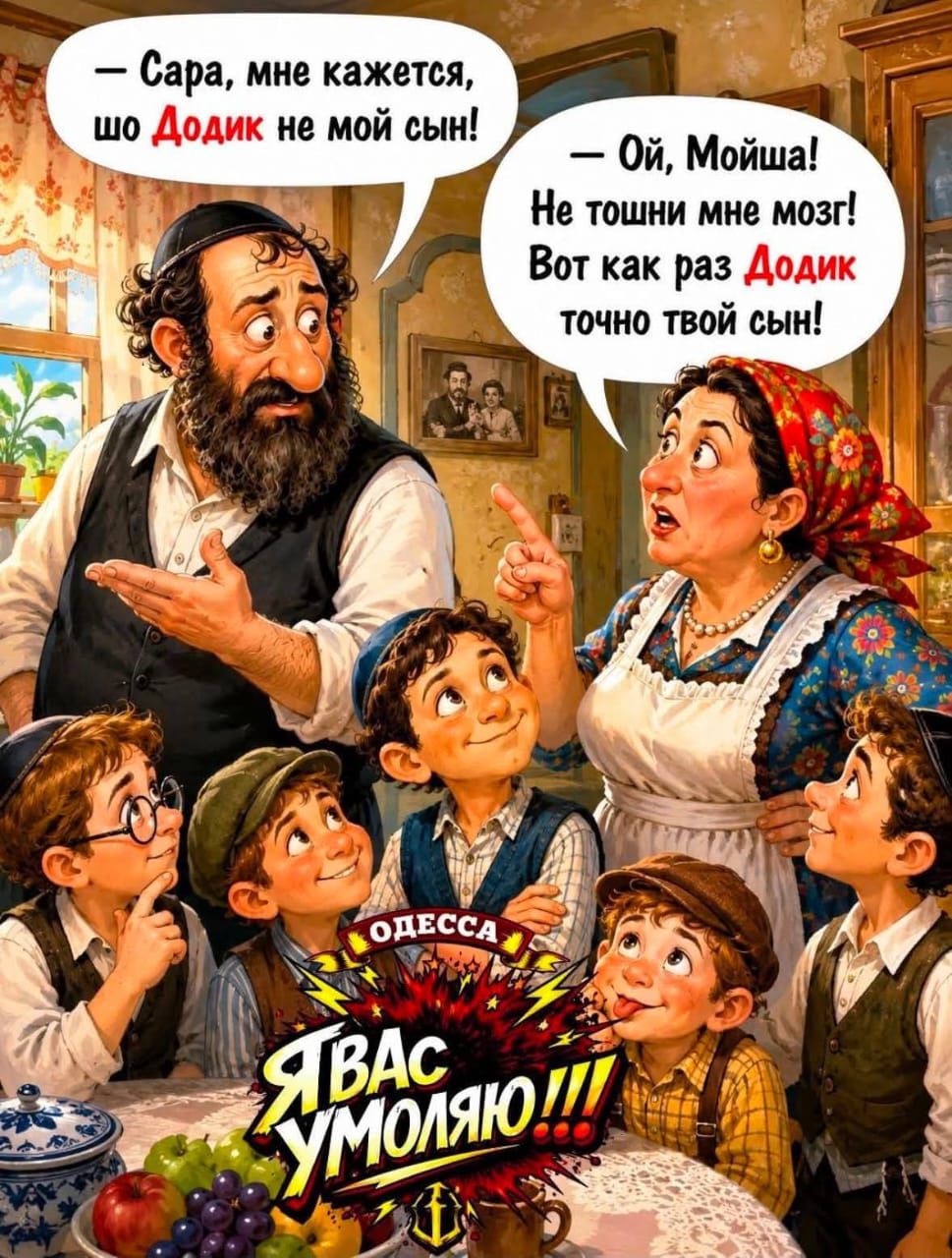 — Сара, мне кажется, шо Додик не мой сын! — Ой, Мойша! Не тошни мне мозг! Вот как раз Додик точно твой сын! ОДЕССА Я ВАС УМОЛЯЮ!!!