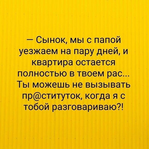 — Сынок, мы с папой уезжаем на пару дней, и квартира остается полностью в твоем рас... Ты можешь не вызывать пр@ституток, когда я с тобой разговариваю?!