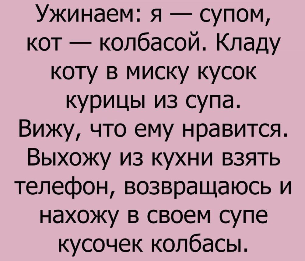 Ужинаем: я — супом, кот — колбасой. Кладу коту в миску кусок курицы из супа. Вижу, что ему нравится. Выхожу из кухни взять телефон, возвращаюсь и нахожу в своем супе кусочек колбасы.