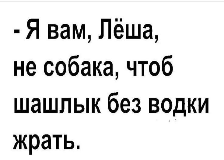 - Я вам, Лёша, не собака, чтоб шашлык без водки жрать.