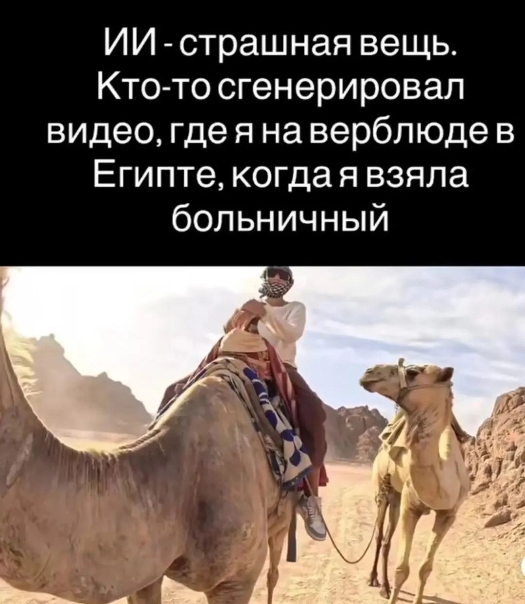 ИИ - страшная вещь. Кто-то сгенерировал видео, где я на верблюде в Египте, когда я взяла больничный