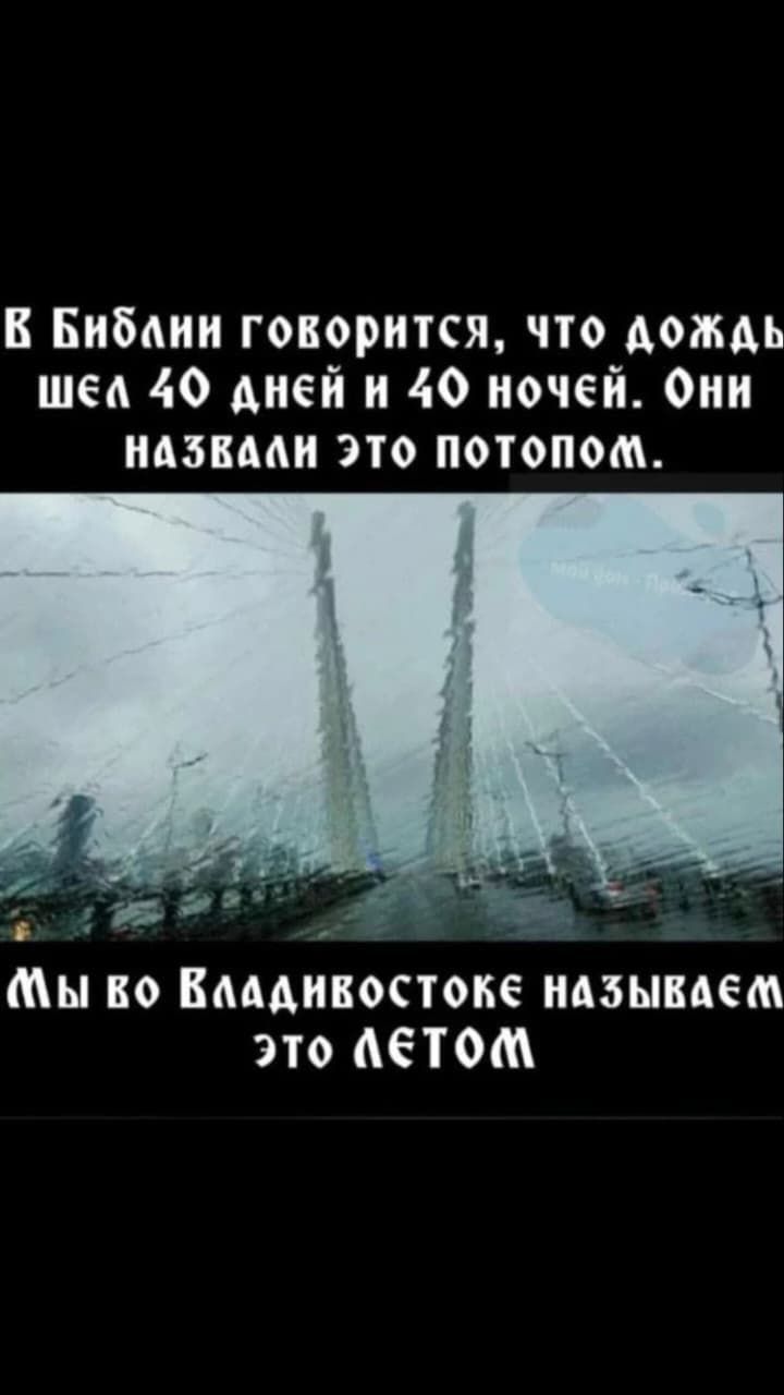 В Библии говорится, что дождь шел 40 дней и 40 ночей. Они назвали это потопом. Мы во Владивостоке называем это летом
