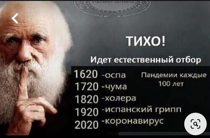ТИХО! Идет естественный отбор. 1620 - оспа. 1720 - чума. 1820 - холера. 1920 - испанский грипп. 2020 - коронавирус. Пандемии каждые 100 лет.
