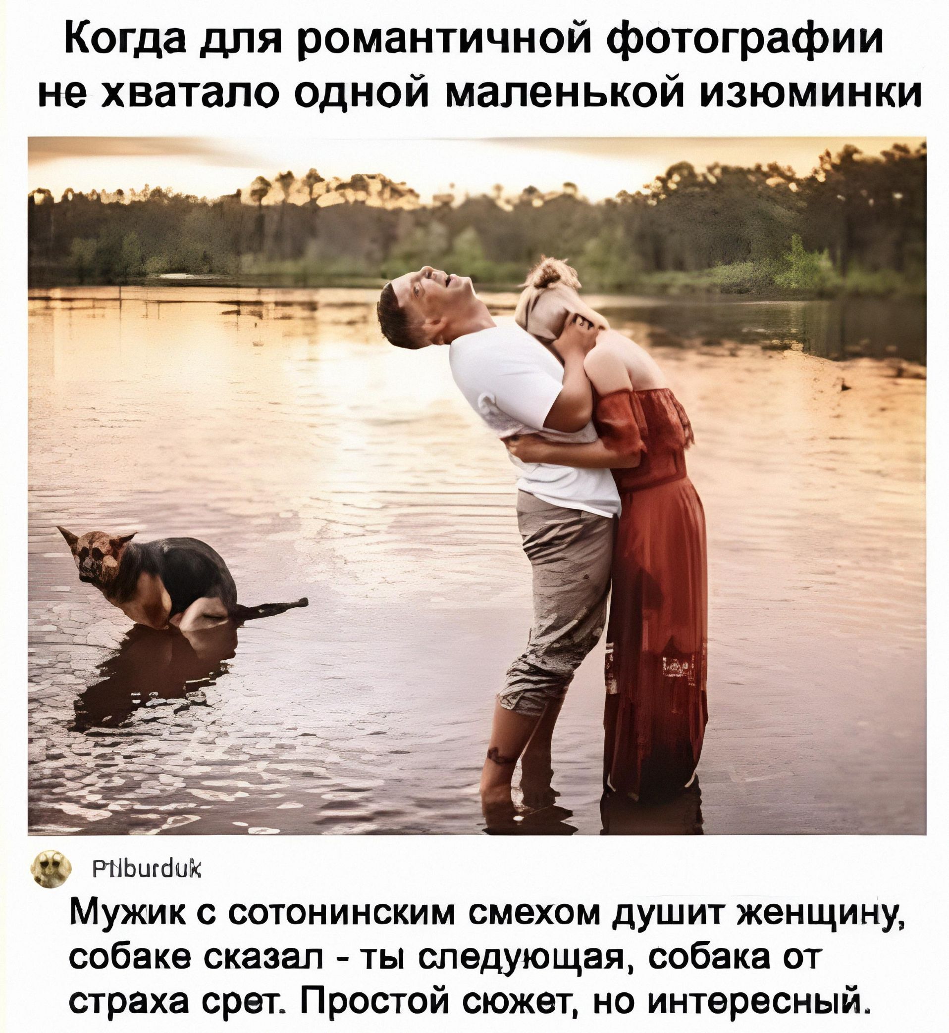 Когда для романтичной фотографии не хватало одной маленькой изюминки Ptilburduk Мужик с сотонинским смехом душит женщину, собаке сказал - ты следующая, собака от страха срет. Простой сюжет, но интересный.