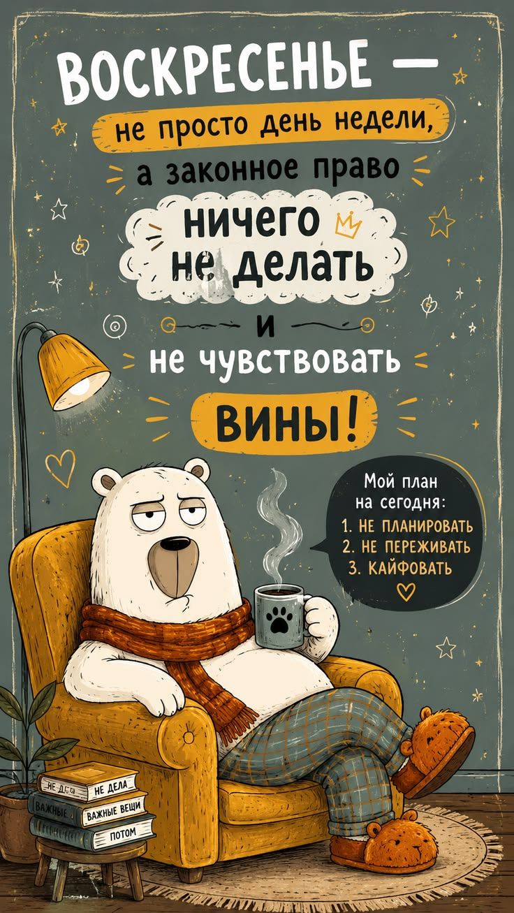 ВОСКРЕСЕНЬЕ — не просто день недели, а законное право ничего не делать и не чувствовать ВИНЫ! Мой план на сегодня: 1. НЕ ПЛАНИРОВАТЬ 2. НЕ ПЕРЕЖИВАТЬ 3. КАЙФОВАТЬ. На корешках книг: НЕ ДЕЛА, ВАЖНЫЕ ВЕЩИ, ПОТОМ.