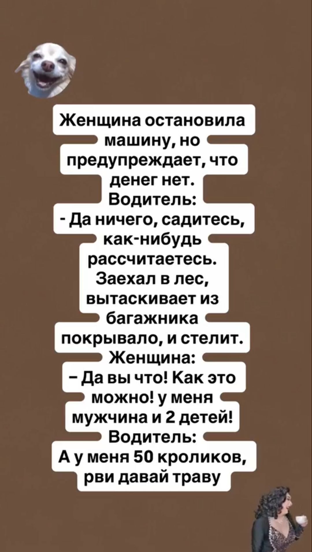 Женщина остановила машину, но предупреждает, что денег нет. Водитель: - Да ничего, садитесь, как-нибудь рассчитаетесь. Заехал в лес, вытаскивает из багажника покрывало, и стелит. Женщина: - Да вы что! Как это можно! У меня мужчина и 2 детей! Водитель: А у меня 50 кроликов, рви давай траву