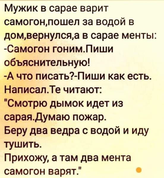 Мужик в сарае варит самогон, пошел за водой в дом, вернулся, а в сарае менты: -Самогон гоним. Пиши объяснительную! -А что писать? -Пиши как есть. Написал. Те читают: 