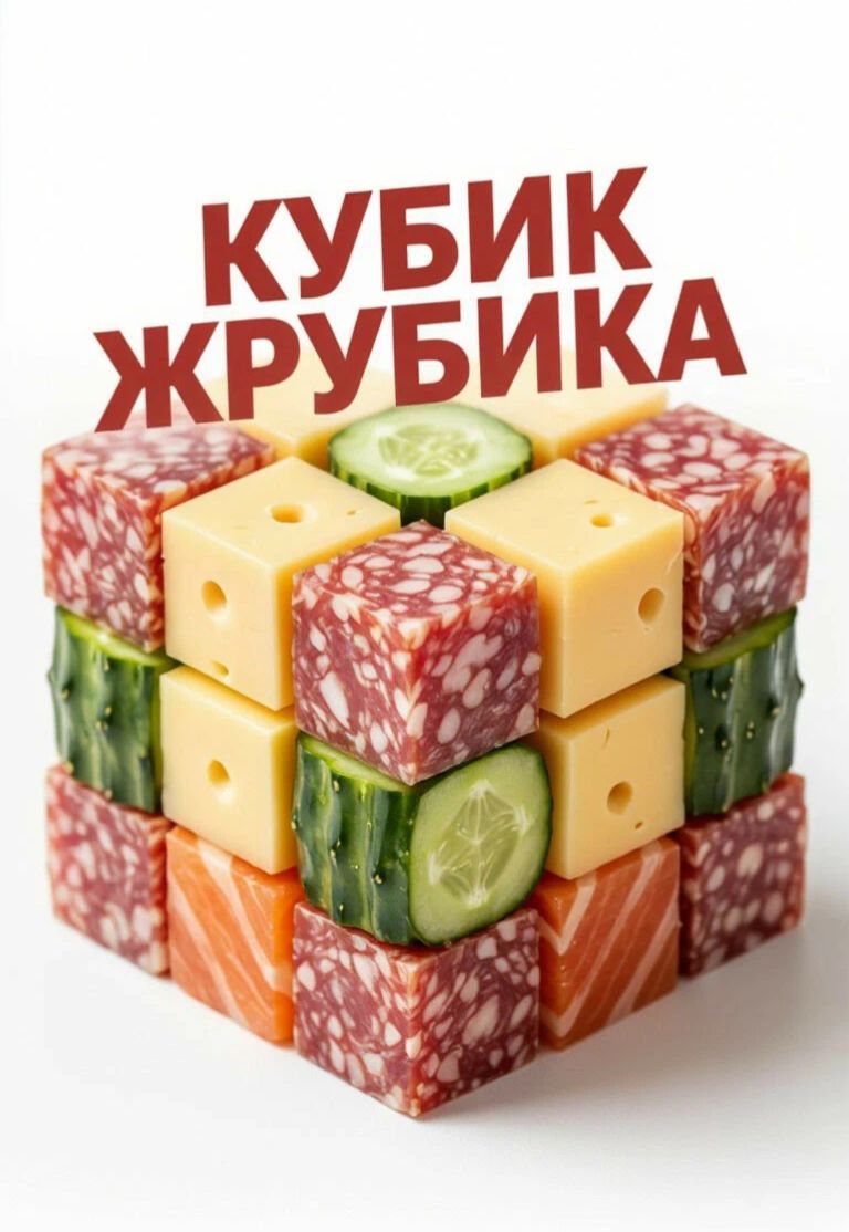 КУБИК ЖРУБИКА. Изображение кубика, собранного из различных продуктов питания: колбасы, сыра, огурцов и лосося.
