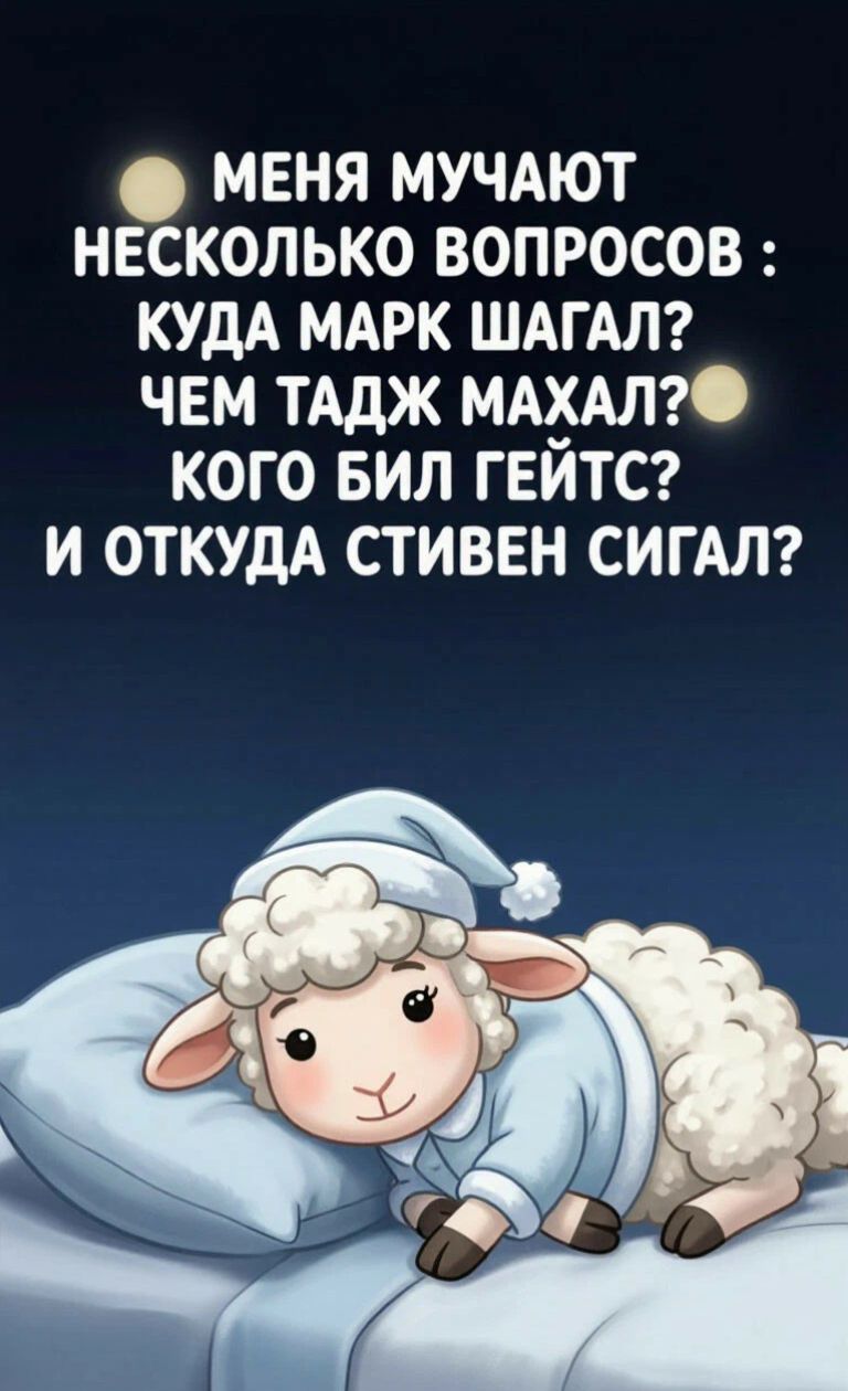 МЕНЯ МУЧАЮТ НЕСКОЛЬКО ВОПРОСОВ: КУДА МАРК ШАГАЛ? ЧЕМ ТАДЖ МАХАЛ? КОГО БИЛ ГЕЙТС? И ОТКУДА СТИВЕН СИГАЛ?