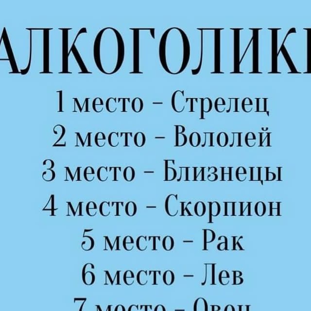 АЛКОГОЛИКИ 1 место - Стрелец 2 место - Водолей 3 место - Близнецы 4 место - Скорпион 5 место - Рак 6 место - Лев