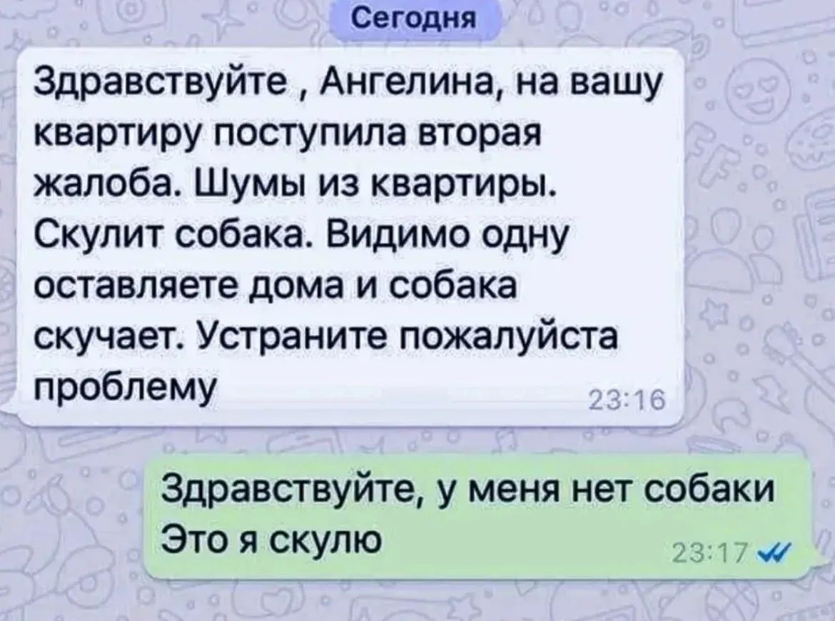Сегодня Здравствуйте, Ангелина, на вашу квартиру поступила вторая жалоба. Шумы из квартиры. Скулит собака. Видимо одну оставляете дома и собака скучает. Устраните пожалуйста проблему. Здравствуйте, у меня нет собаки. Это я скулю