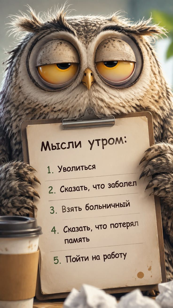 Мысли утром: 1. Уволиться 2. Сказать, что заболел 3. Взять больничный 4. Сказать, что потерял память 5. Пойти на работу