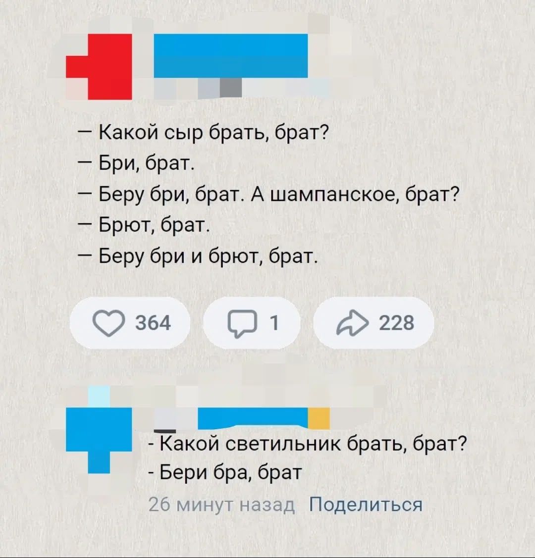 Какой сыр брать, брат? Бри, брат. Беру бри, брат. А шампанское, брат? Брют, брат. Беру бри и брют, брат. Какой светильник брать, брат? Бери бра, брат