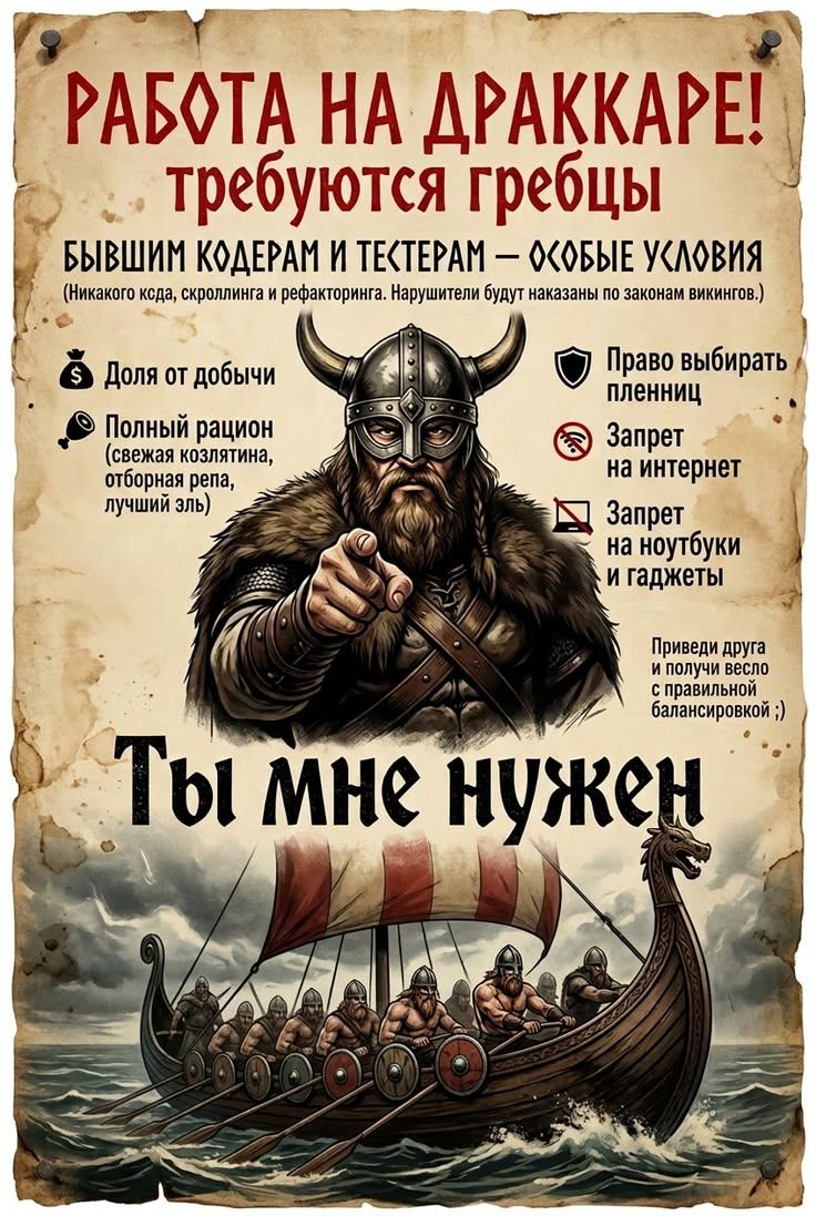 РАБОТА НА ДРАККАРЕ! требуются гребцы БЫВШИМ КОДЕРАМ И ТЕСТЕРАМ — ОСОБЫЕ УСЛОВИЯ (Никакого кода, скроллинга и рефакторинга. Нарушители будут наказаны по законам викингов.) Доля от добычи Полный рацион (свежая козлятина, отборная репа, лучший эль) Право выбирать пленниц Запрет на интернет Запрет на ноутбуки и гаджеты Приведи друга и получи весло с пр