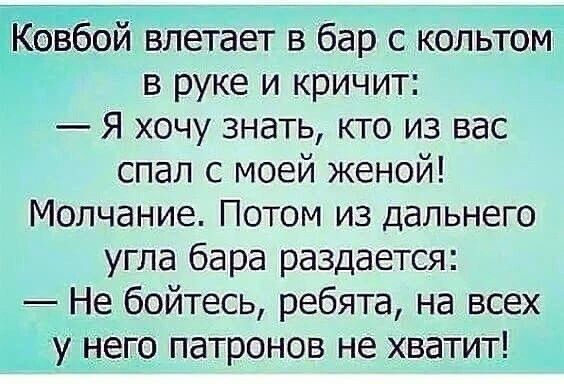 Ковбой влетает в бар с кольтом в руке и кричит:
— Я хочу знать, кто из вас спал с моей женой!
Молчание. Потом из дальнего угла бара раздается:
— Не бойтесь, ребята, на всех у него патронов не хватит!