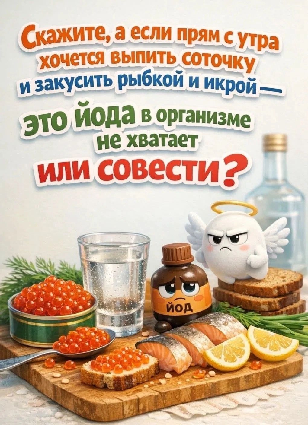 Скажите, а если прям с утра хочется выпить соточку и закусить рыбкой и икрой — это йода в организме не хватает или совести?