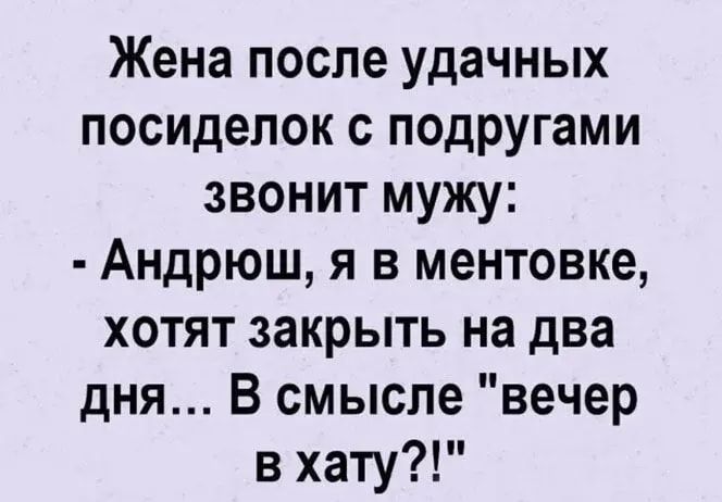 Жена после удачных посиделок с подругами звонит мужу: - Андрюш, я в ментовке, хотят закрыть на два дня... В смысле 