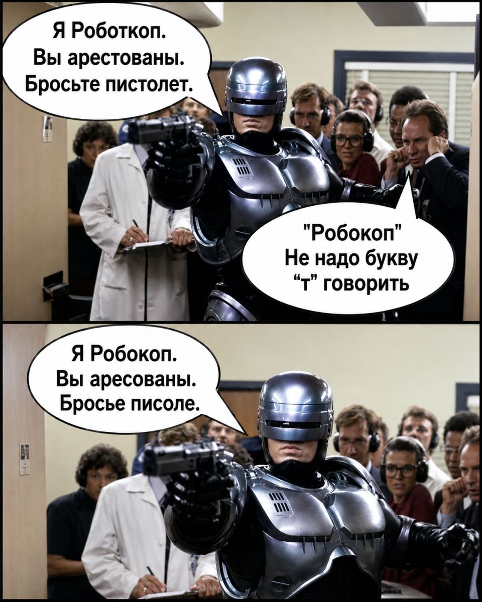 Я Робокоп. Вы арестованы. Бросьте пистолет. 