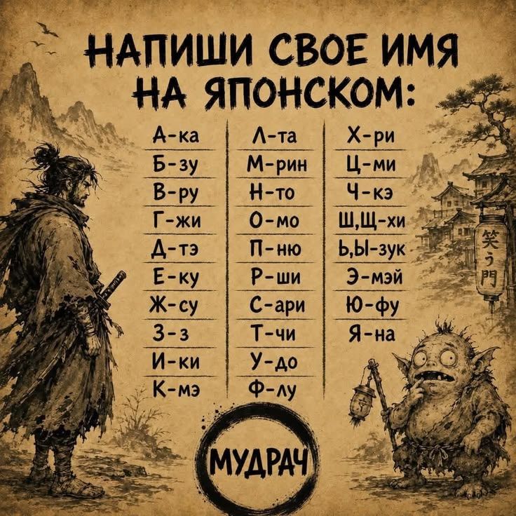 НАПИШИ СВОЕ ИМЯ НА ЯПОНСКОМ: А-ка Б-зу В-ру Г-жи Д-тэ Е-ку Ж-су З-з И-ки К-мэ Л-та М-рин Н-то О-мо П-ню Р-ши С-ари Т-чи У-до Ф-лу Х-ри Ц-ми Ч-кэ Ш,Щ-хи Ъ,Ы-зук Э-мэй Ю-фу Я-на МУДРАЧ