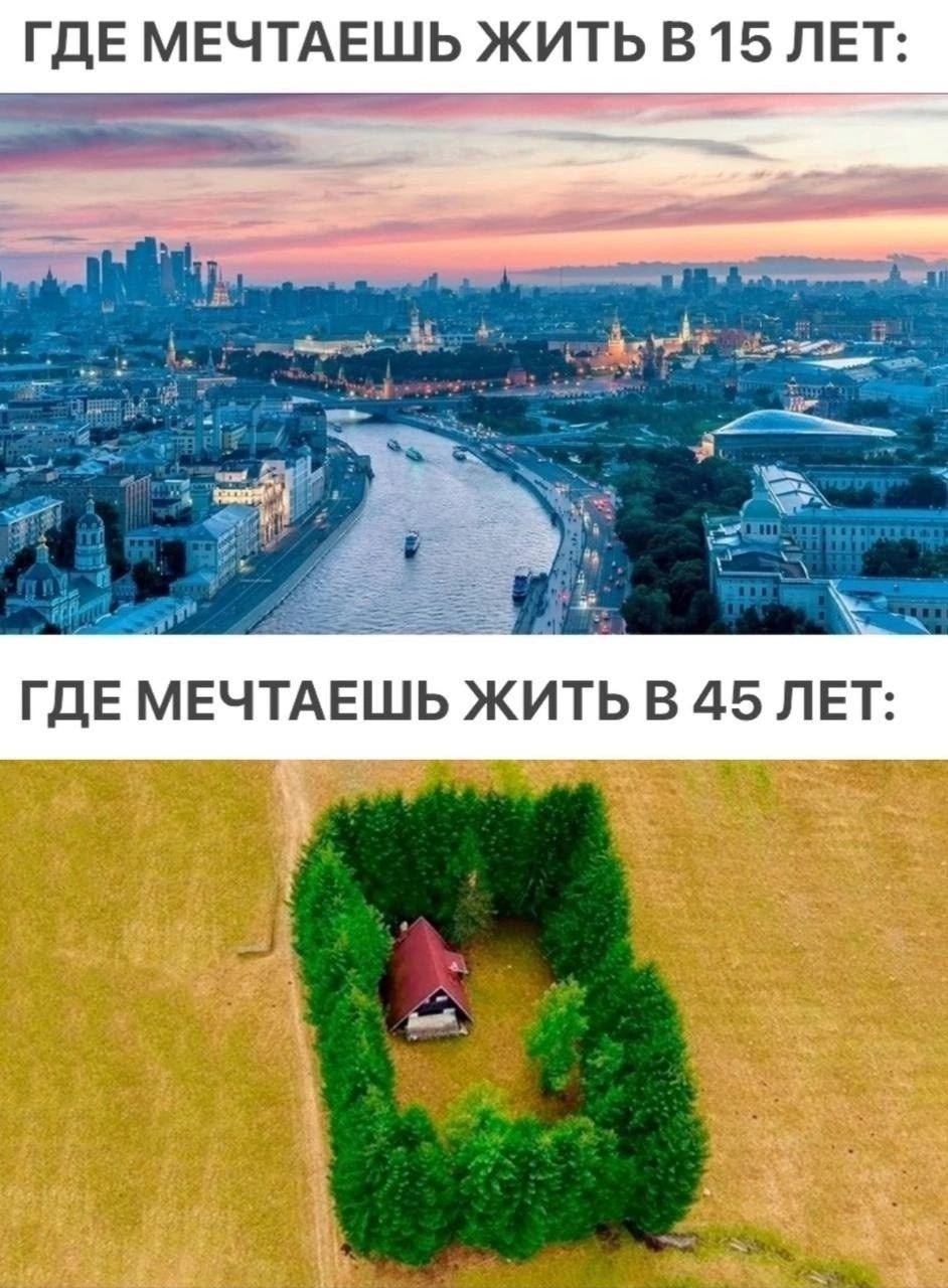 ГДЕ МЕЧТАЕШЬ ЖИТЬ В 15 ЛЕТ: (изображение большого города с рекой и небоскребами) ГДЕ МЕЧТАЕШЬ ЖИТЬ В 45 ЛЕТ: (изображение маленького дома, окруженного живой изгородью, посреди поля)