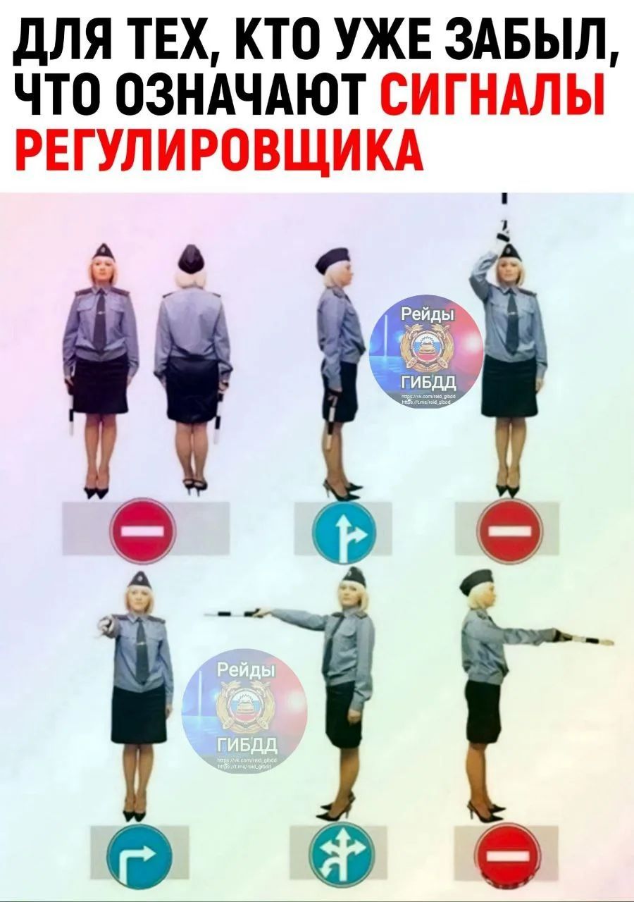 ДЛЯ ТЕХ, КТО УЖЕ ЗАБЫЛ, ЧТО ОЗНАЧАЮТ СИГНАЛЫ РЕГУЛИРОВЩИКА. Рейды ГИБДД. Изображения регулировщицы в разных позах с соответствующими дорожными знаками: стоп, поворот направо, поворот налево, движение во всех направлениях.
