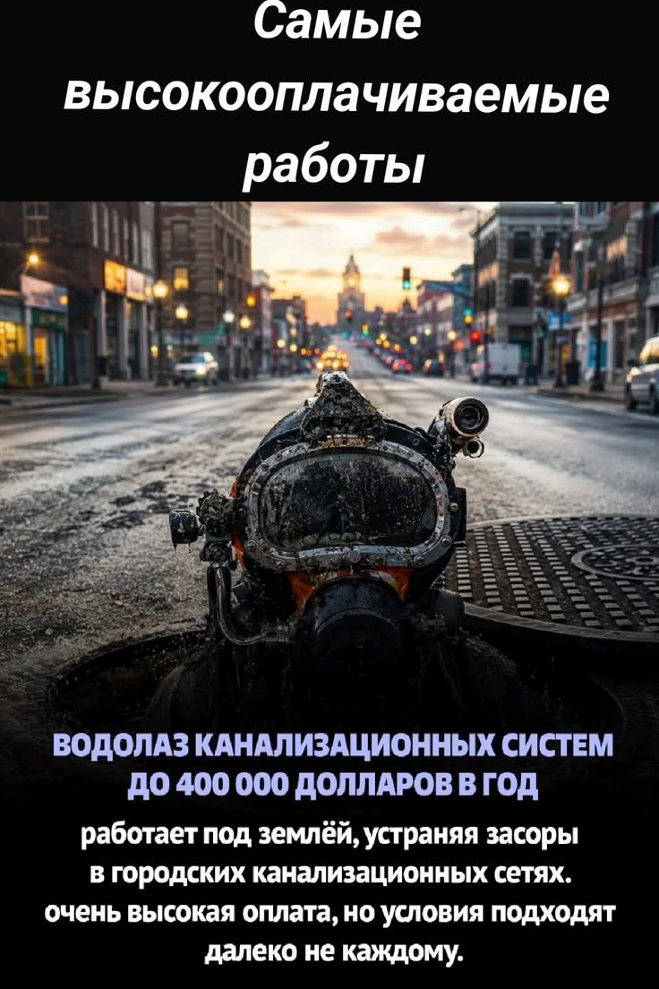 Самые высокооплачиваемые работы ВОДОЛАЗ КАНАЛИЗАЦИОННЫХ СИСТЕМ ДО 400 000 ДОЛЛАРОВ В ГОД работает под землёй, устраняя засоры в городских канализационных сетях. очень высокая оплата, но условия подходят далеко не каждому.