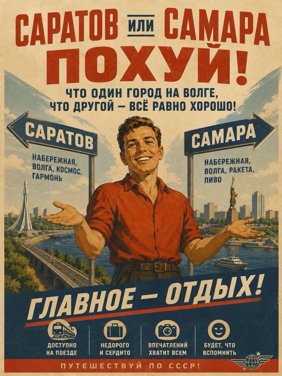 САРАТОВ ИЛИ САМАРА ПОХУЙ! ЧТО ОДИН ГОРОД НА ВОЛГЕ, ЧТО ДРУГОЙ – ВСЁ РАВНО ХОРОШО! САРАТОВ: НАБЕРЕЖНАЯ, ВОЛГА, КОСМОС, ГАРМОНЬ. САМАРА: НАБЕРЕЖНАЯ, ВОЛГА, РАКЕТА, ПИВО. ГЛАВНОЕ – ОТДЫХ! ДОСТУПНО НА ПОЕЗДЕ, НЕДОРОГО И СЕРДИТО, ВПЕЧАТЛЕНИЙ ХВАТИТ ВСЕМ, БУДЕТ, ЧТО ВСПОМНИТЬ. ПУТЕШЕСТВУЙ ПО СССР!