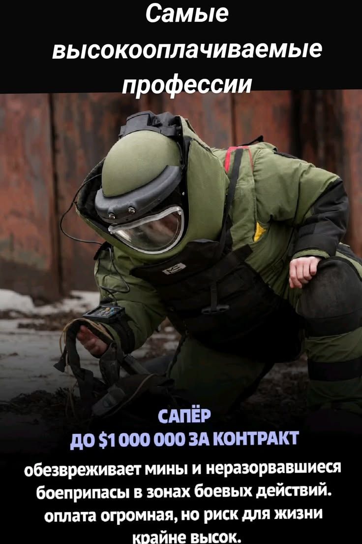 Самые высокооплачиваемые профессии. САПЁР. ДО $1 000 000 ЗА КОНТРАКТ. обезвреживает мины и неразорвавшиеся боеприпасы в зонах боевых действий. оплата огромная, но риск для жизни крайне высок.